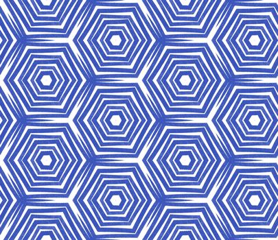 Ethnic hand painted pattern. Indigo symmetrical kaleidoscope background. Textile ready unusual print, swimwear fabric, wallpaper, wrapping. Summer dress ethnic hand painted tile.