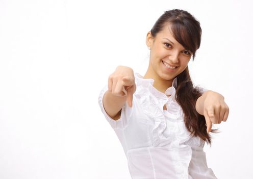 closeup.young business woman showing hands forward .isolated on white