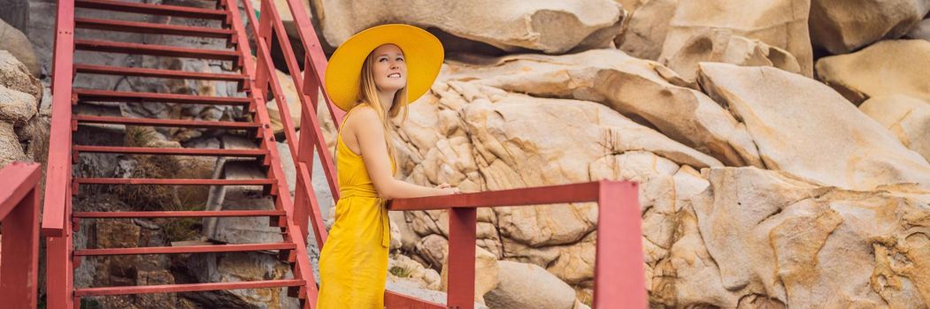 Traveler woman joy fun relaxing on wood bridge looking beautiful destination island. Tourism natural scenic landscape Asia, Tourist on summer holiday vacation. BANNER, LONG FORMAT