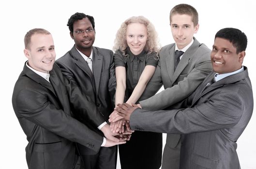 Business team showing union with their hands together forming a pile.photo with copy space