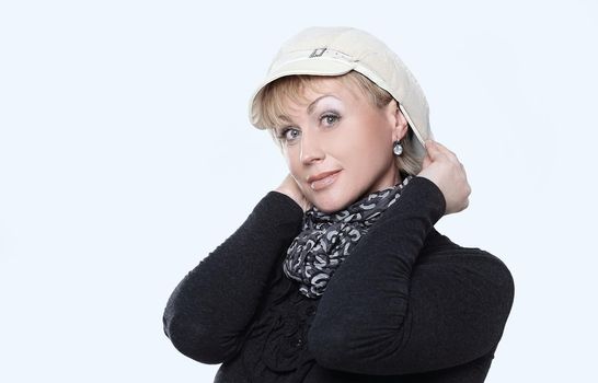 portrait of glamorous woman in a white cap.isolated on a white background.