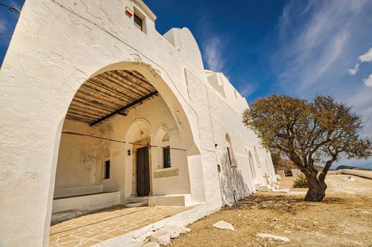 Panagia church, traditional orthodox church with white dome in Folegandros in Greece..