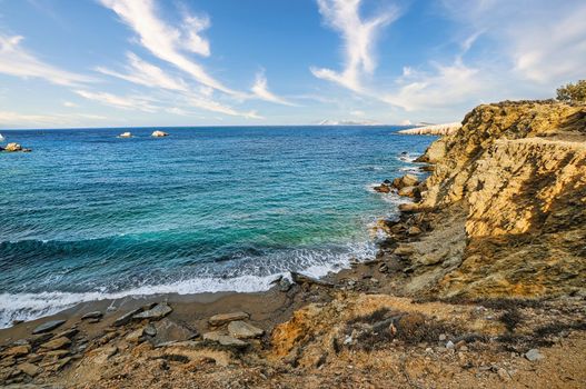 Famous beach of Pountaki in Folegandros island of Greece, perfect for swimming