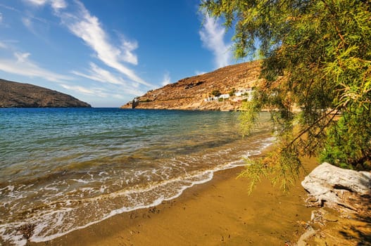 View of the beautiful beach of Megalo Livadi with a great beach