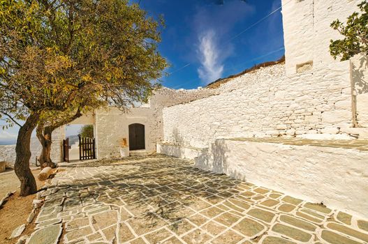 Panagia church, traditional orthodox church with white dome in Folegandros in Greece..