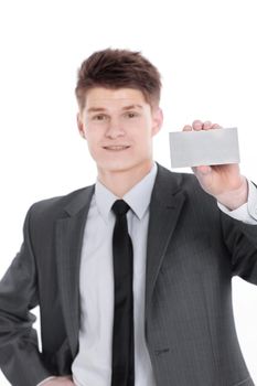 young businessman showing blank business card.isolated on a white background