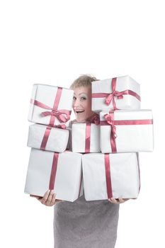 closeup.beautiful woman with gift boxes.isolated on a white background
