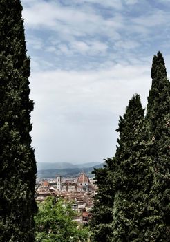 Landscape of Florence , Tuscany , Italy with  cathedral Santa Maria del Fiore , Giotto's bell tower and Brunelleschi dome