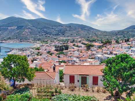 View of the Skopelos town with nice beach in Greece