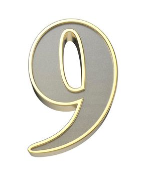 3D illustration of golden number nine, isolated on white background