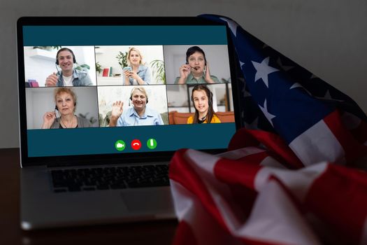 laptop with video chat, flag of the usa.