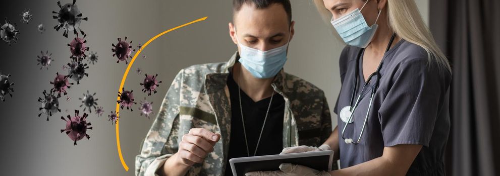 Cheerful young man in camouflage uniform soldierprotected from the virus by a dome, military man, copy space.