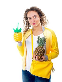 beautiful young woman with pineapple isolated on white