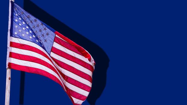 American flag waving on blue background. illustration.