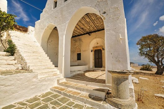 Panagia church, traditional orthodox church with white dome in Folegandros in Greece..