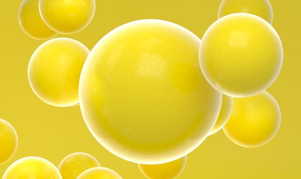 Yellow background with 3d bubbles. Yellow sphere with plase for text. Colorful yellow fresh design concept. Banner or flyer juicy fruits background. Decoration elements for design