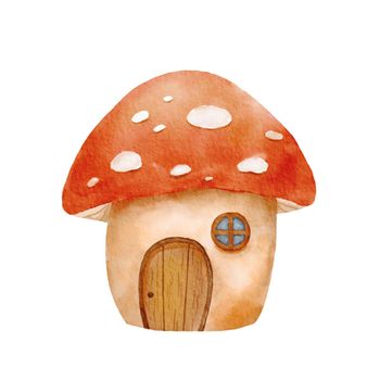 Watercolor illustration with Fly agaric mushroom. Forest cute mushroom house isolated on white
