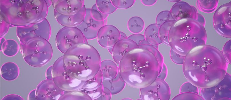 Purple Collagen Skin Serum and Vitamin molecules 3D Render
