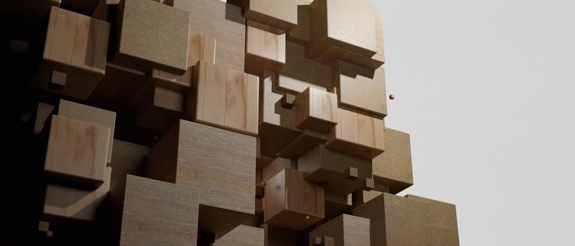 Stack of wood cubes abstract background 3D Illustration