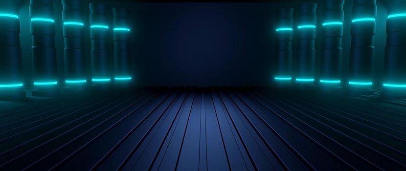 SciFi Fantasy Metallic Basement Underground Hall Spotlight Dark Blue Banner Background Wallpaper 3D Illustration