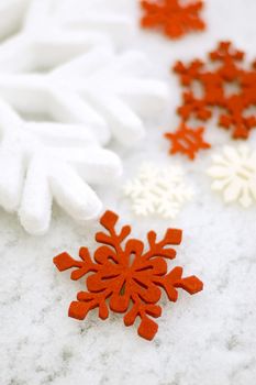 winter decor snowflakes white and red. High quality photo