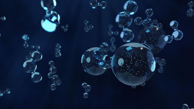 Abstract blue connected glass bubbles molecule background. Abstraction, water concept. 3D Rendering