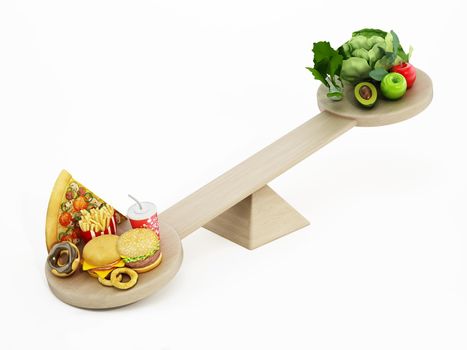 Fast food versus healthy food standing at two ends of the seesaw. 3D illustration.