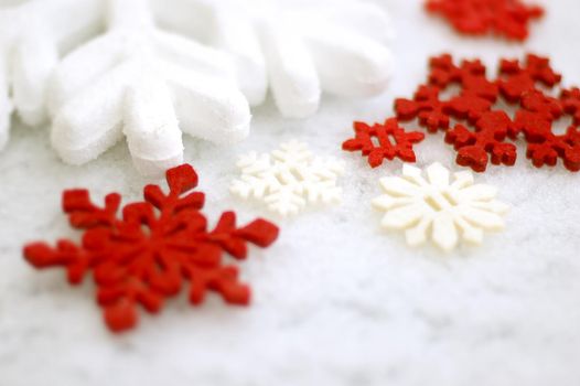 winter decor snowflakes white and red. High quality photo