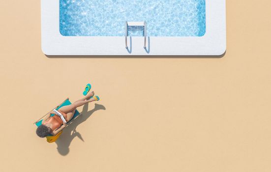 Top view 3D rendering of unrecognizable African American female tourist relaxing on deckchair at poolside and reading interesting book during summer holidays