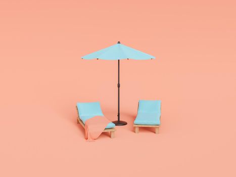 3D rendering of wooden deckchairs with soft comfortable mattresses with blanket and parasol placed against pink background