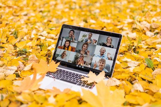 laptop with videoconference stands in the autumn park.