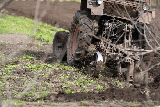 Old Belarus tractor on a ground.