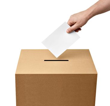 close up of a ballot box and casting vote on white background