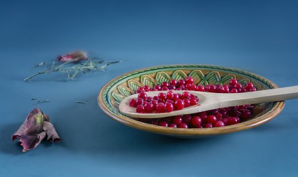 On the table in a ceramic plate juicy red currant berries