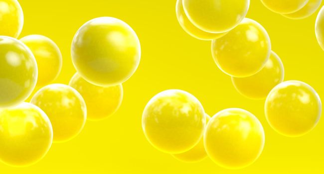 Yellow background with 3d bubbles. Yellow spheres. 3D illustration of balls. Colorful yellow fresh design concept. Banner or flyer juicy fruits background. Decoration elements for design