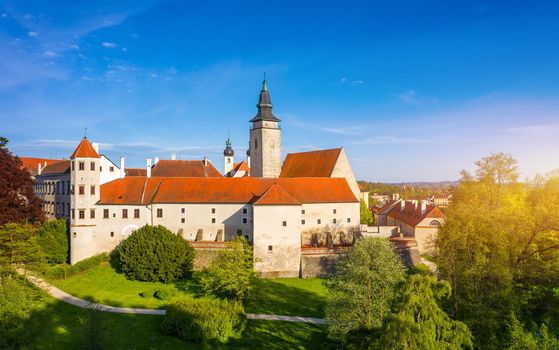 Aerial landscape of small Czech town of Telc with famous Main Square (UNESCO World Heritage Site). Aerial panorama of old town Telc, Southern Moravia, Czechia. Historic centre of Telc, Czech Republic.