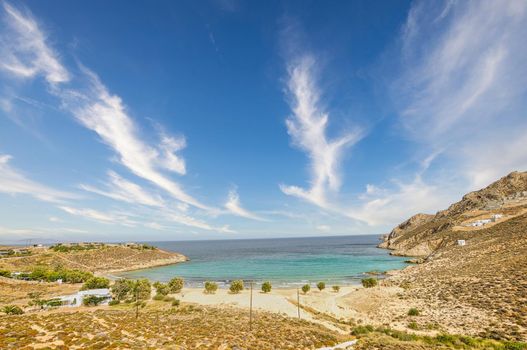 Panoramic view of Psili ammos beach in Serifos island, Cyclades Greece