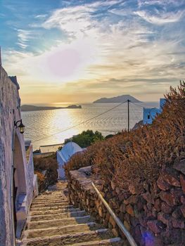 The picturesque village of Plaka on the island of Milos, famous village for traditional houses and great view of the sea