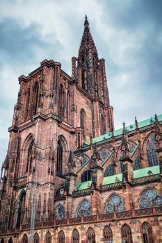 Huge tower and elegant exterior architecture of Notre dam of Strasbourg cathedral in Strasbourg, France