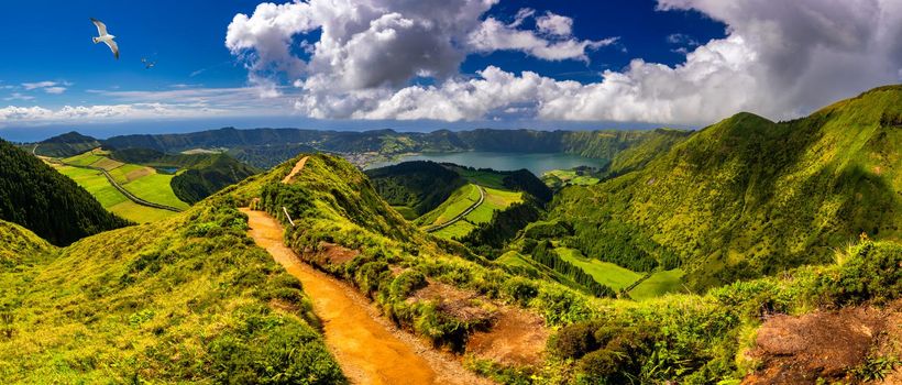 View of Sete Cidades near Miradouro da Grota do Inferno viewpoint, Sao Miguel Island, Azores, Portugal. Grota do Inferno viewpoint at Sete Cidades on Sao Miguel Island, Azores, Portugal.