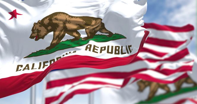 Two California state flags flying along with the national flag of the United States of America. In the background there is a clear sky. The flag depicts a walking bear and a five-pointed red star