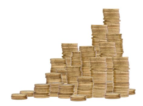 Close up of coins on white background