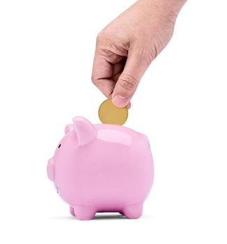 Close up of a pink piggy bank on white background