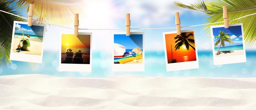 Photos on seashore - beach holiday background.