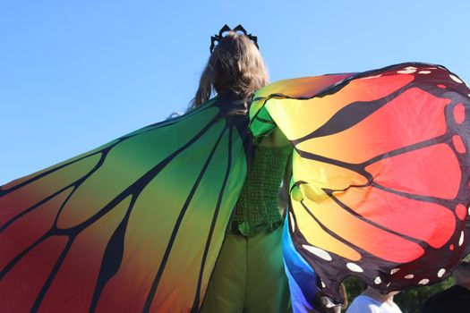 A girl in a multi-colored butterfly costume flaps her wings. Carnival..
