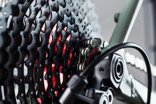 Rear bicycle cassette speeds with a wide range and chain close-up, accessories for repair and tuning of the bike