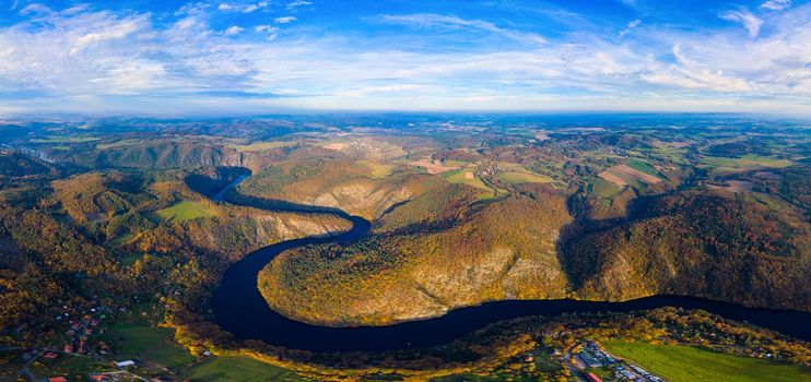 Beautiful view of Vltava river from Maj viewpoint. Czech Republic, Krnany, Europe. Maj viewpoint next to Prague in central Bohemia, Czech Republic. Aerial view of incredible Vyhlidka Maj.