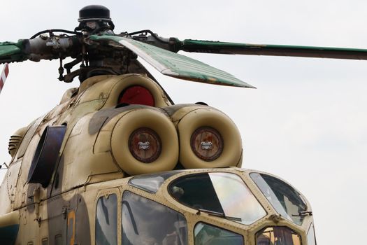 Russian military mi-24a "Hind" gunship attack helicopter front cockpit abstract close-up