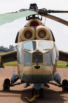 Russian military mi-24a "Hind" gunship attack helicopter parked front view close-up