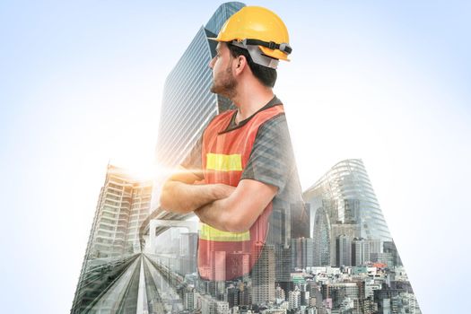 Future building construction engineering project concept with double exposure graphic design. Building engineer, architect people or construction worker working with modern civil equipment technology.